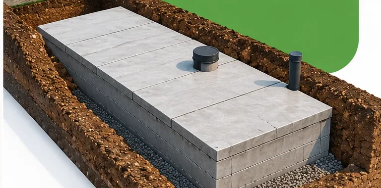 Illustration: a finished covered chamber with an access cover and a vent pipe set in the ground
