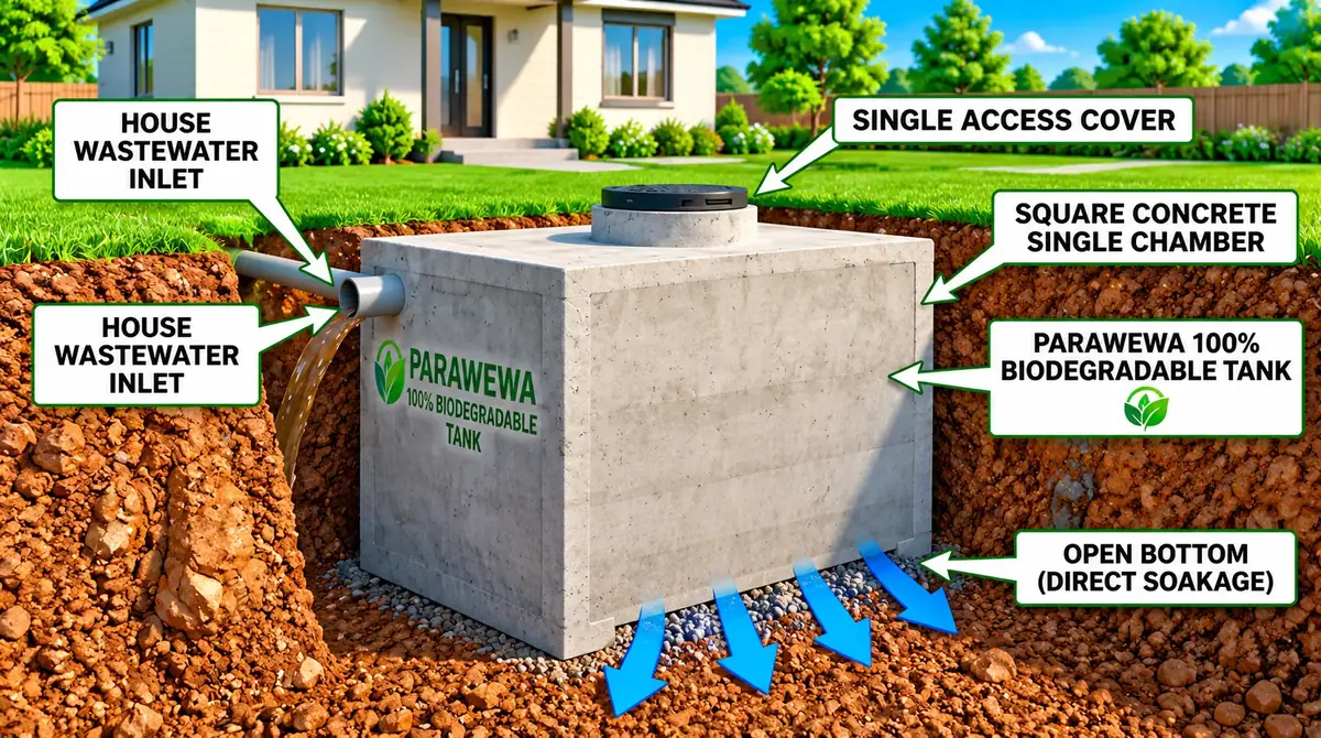 Labelled diagram of a Parawewa tank: house wastewater inlet, single access cover, square concrete single chamber and an open bottom for direct soakage