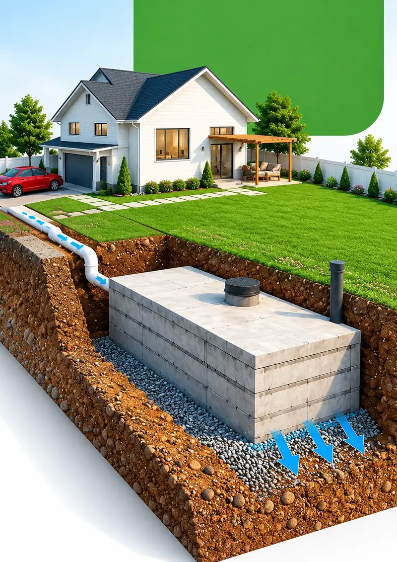 Illustration: a Parawewa concrete chamber below ground beside a house, with the inlet pipe from the house and treated water soaking into the ground through a gravel bed