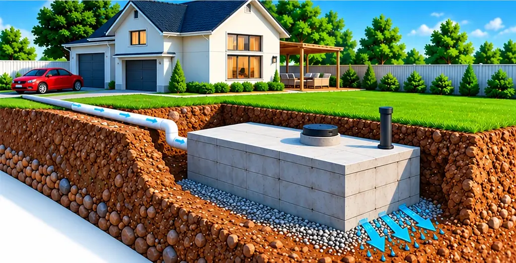 Illustration: a Parawewa concrete chamber set on a gravel bed beside a house, with treated water soaking down into the ground