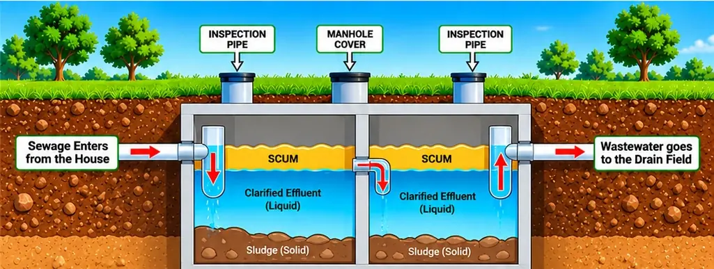 Diagram of a traditional two-compartment septic tank: sewage enters, scum floats, sludge settles, and the liquid flows on to a drain field