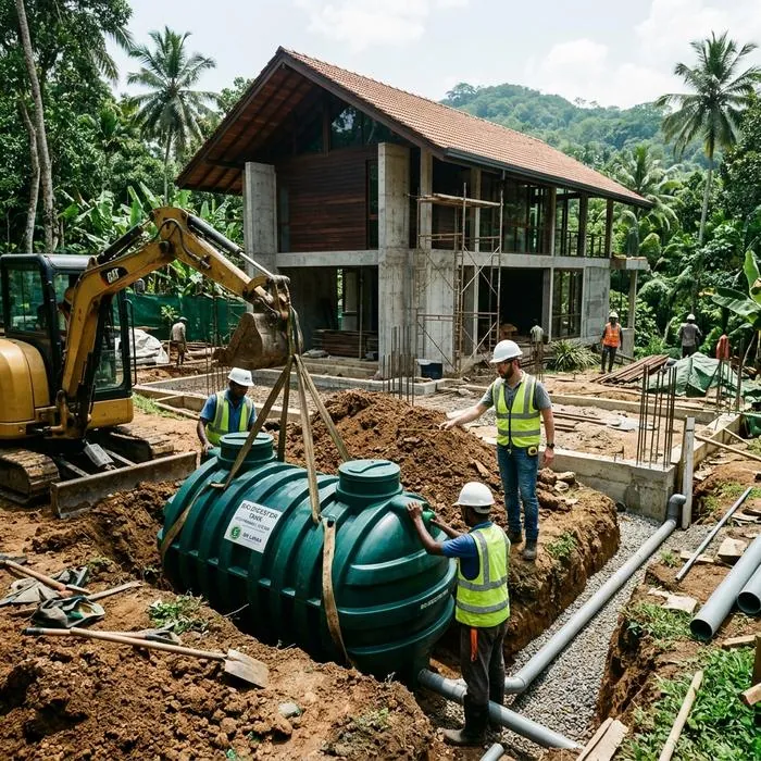 Illustration of a bio septic tank being lowered into an excavation at a building site